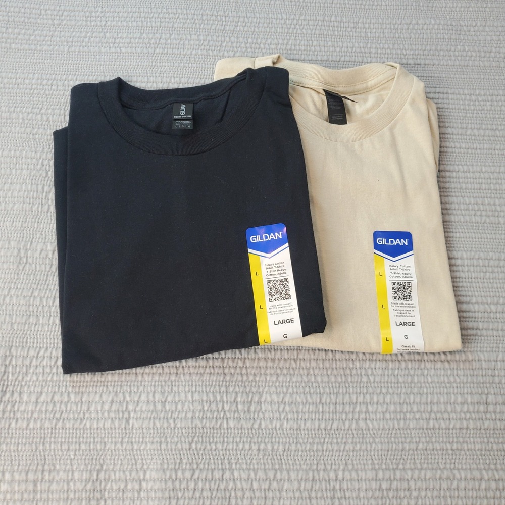 2 Gildan Heavy Cotton T-Shirt Bundle Men Large Black Tan Solid Crewneck 2 Pack